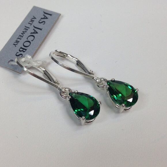 Beautiful 3ctw Pear Cut Emerald Earrings in Sterling Silver Dangle Leverbacks - Picture 9 of 10